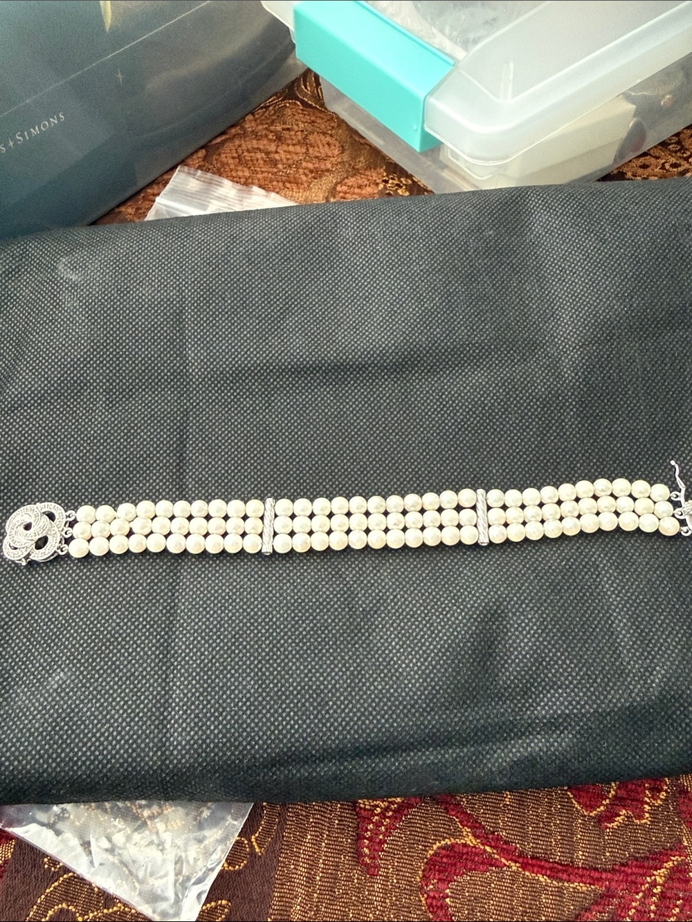 Vintage-Inspired Triple Strand Pearl Bracelet with Diamond Clasp -14k white